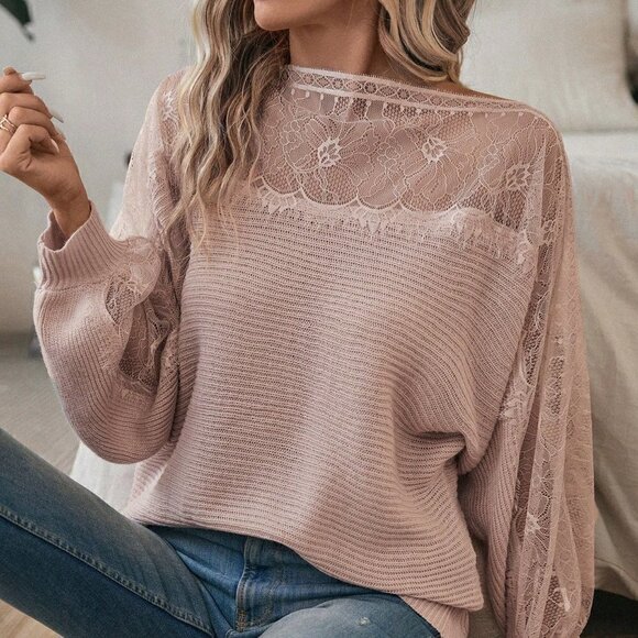 Dusty Pink Boho Womens Lace Yoke Lantern Sleeve Sweater - Picture 4 of 5